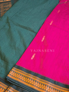 Kalyani Cotton Saree - Copper Zari : Magenta x Dark Green