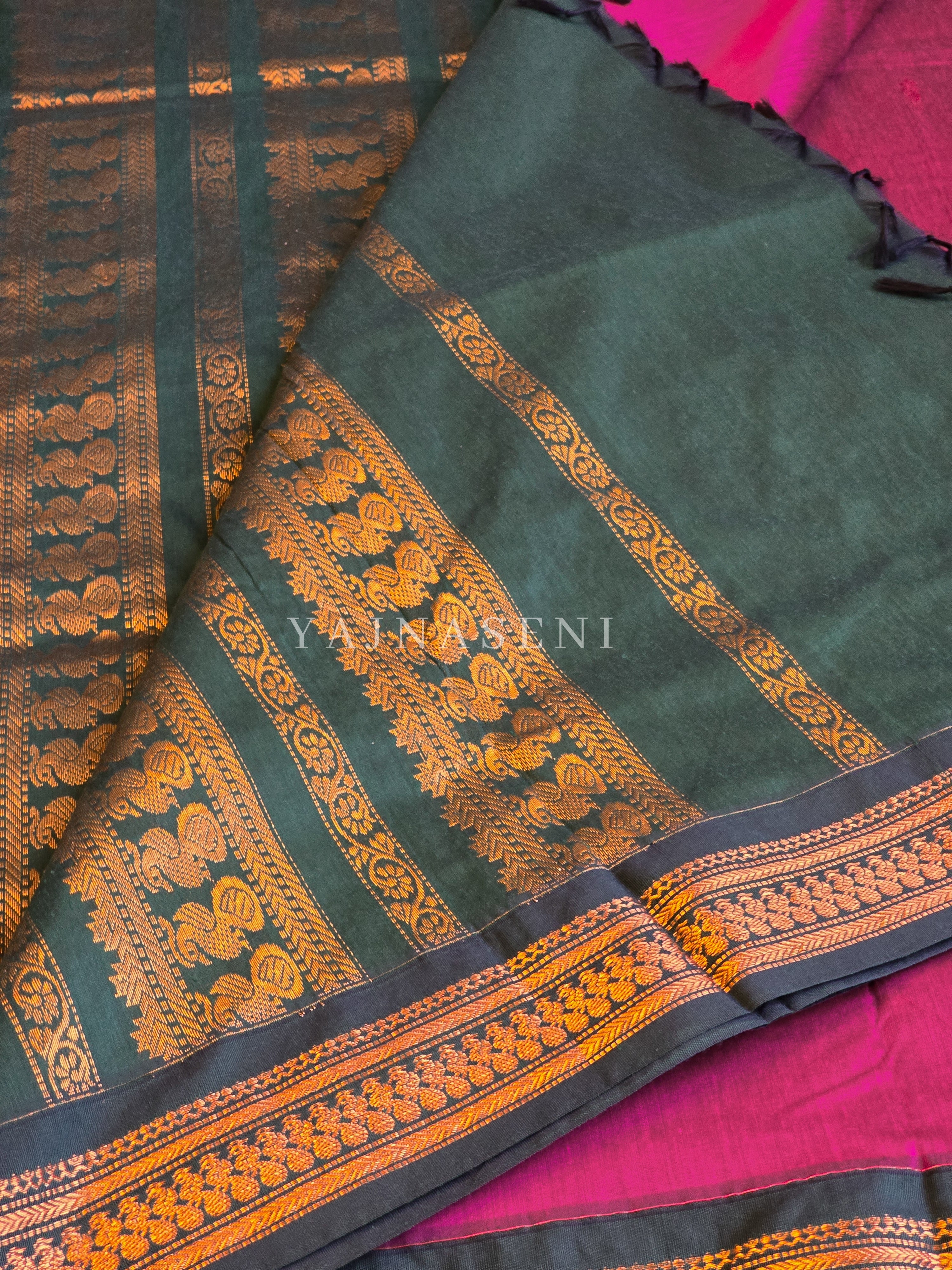 Kalyani Cotton Saree - Copper Zari : Magenta x Dark Green