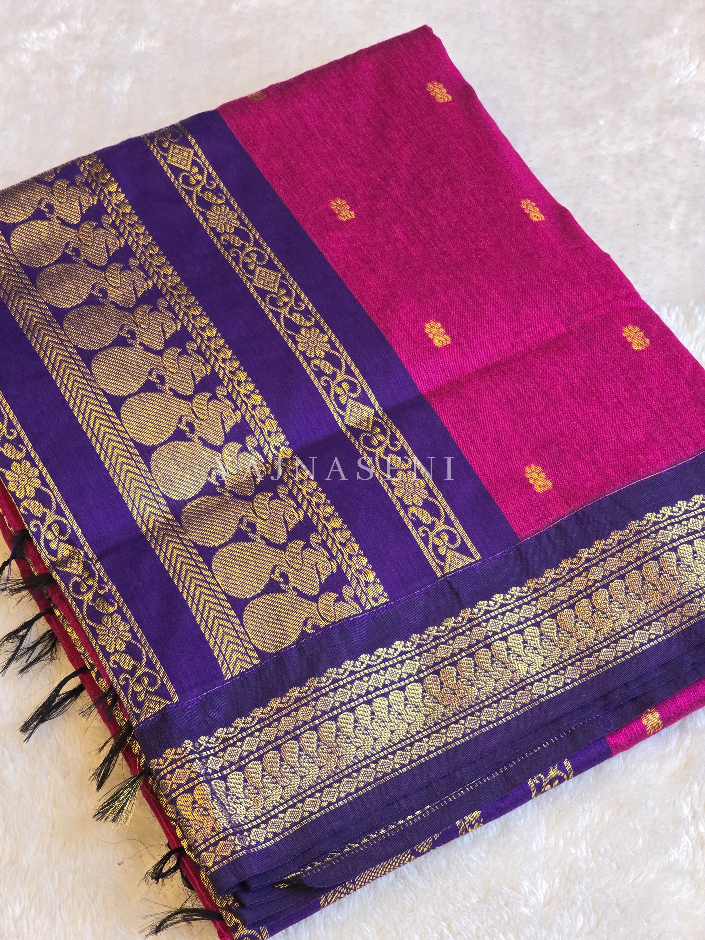 Kalyani Cotton Saree - Gold Zari : Magenta x Dark Purple