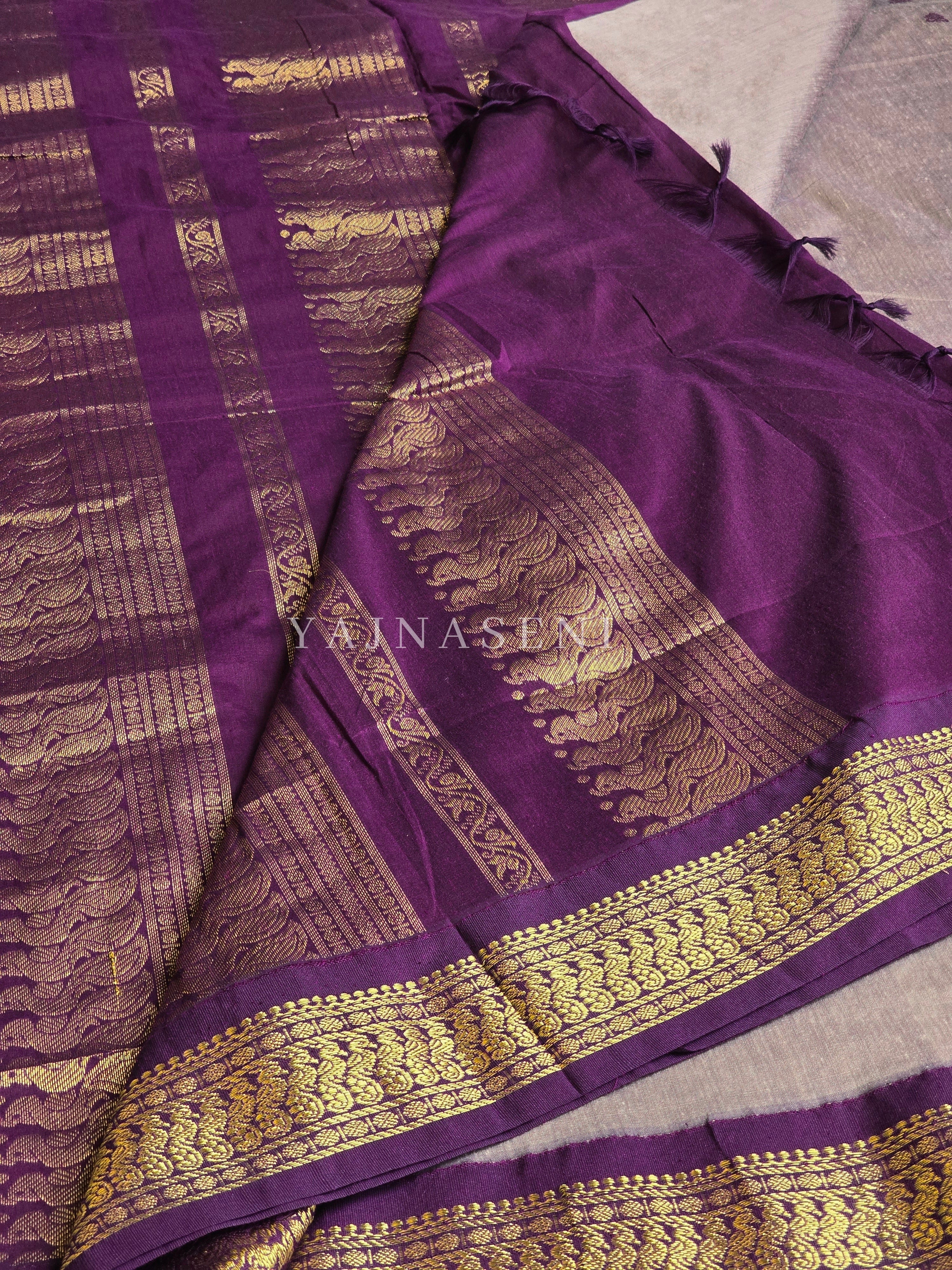 Kalyani Cotton Saree - Gold Zari : Ashbrown x Plum