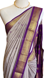 Load image into Gallery viewer, Kalyani Cotton Saree - Gold Zari : Ashbrown x Plum
