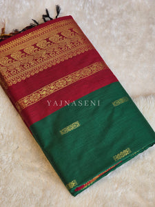 Kalyani Cotton Saree - Gold Zari : Green x Red