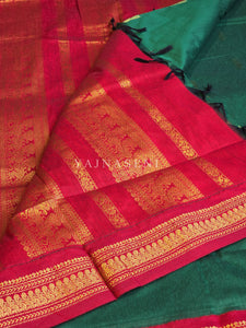 Kalyani Cotton Saree - Gold Zari : Green x Red