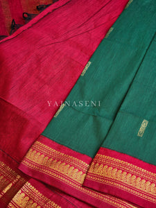 Kalyani Cotton Saree - Gold Zari : Green x Red