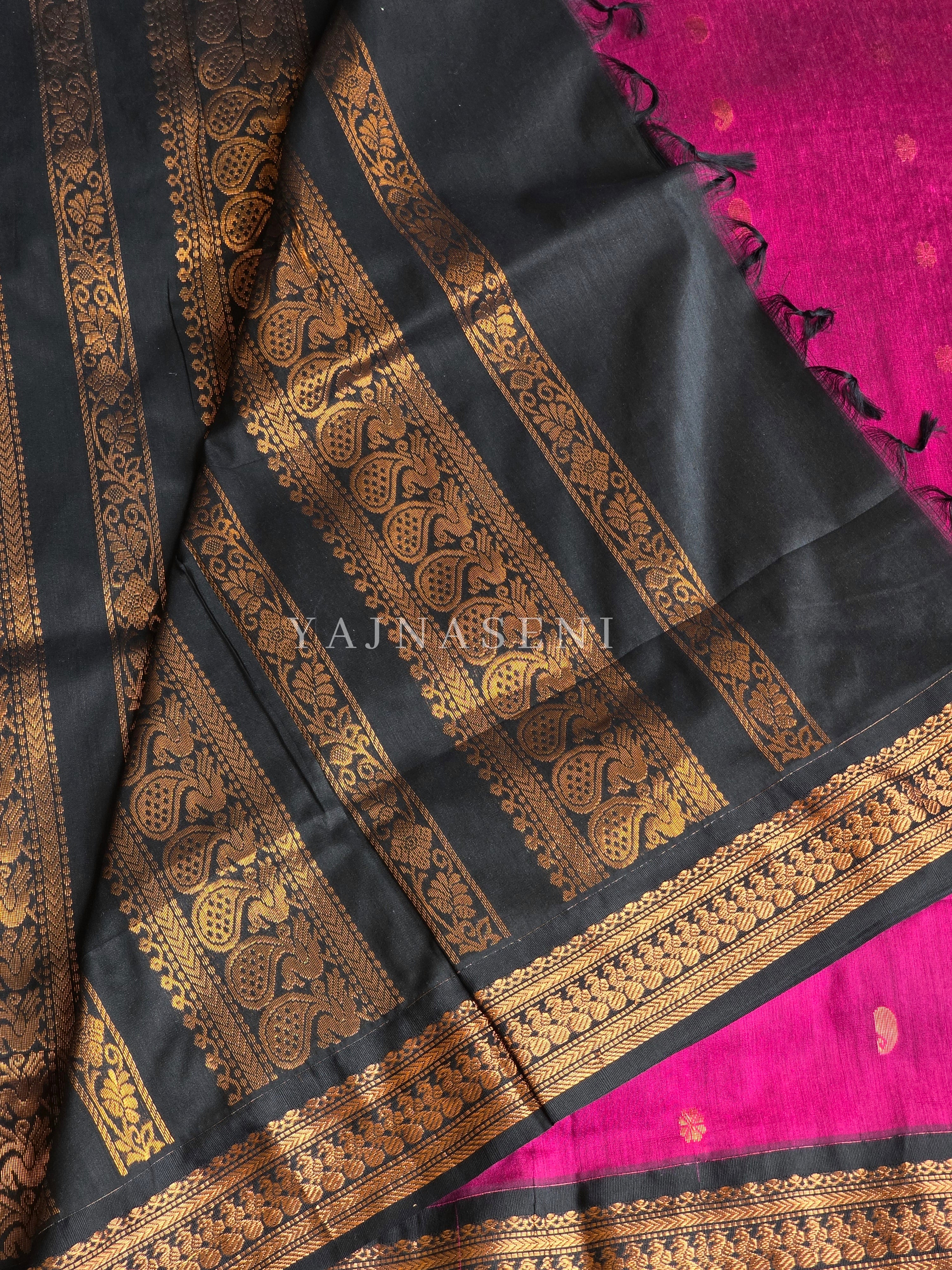 Kalyani Cotton Saree - Copper Zari : Magenta x Black