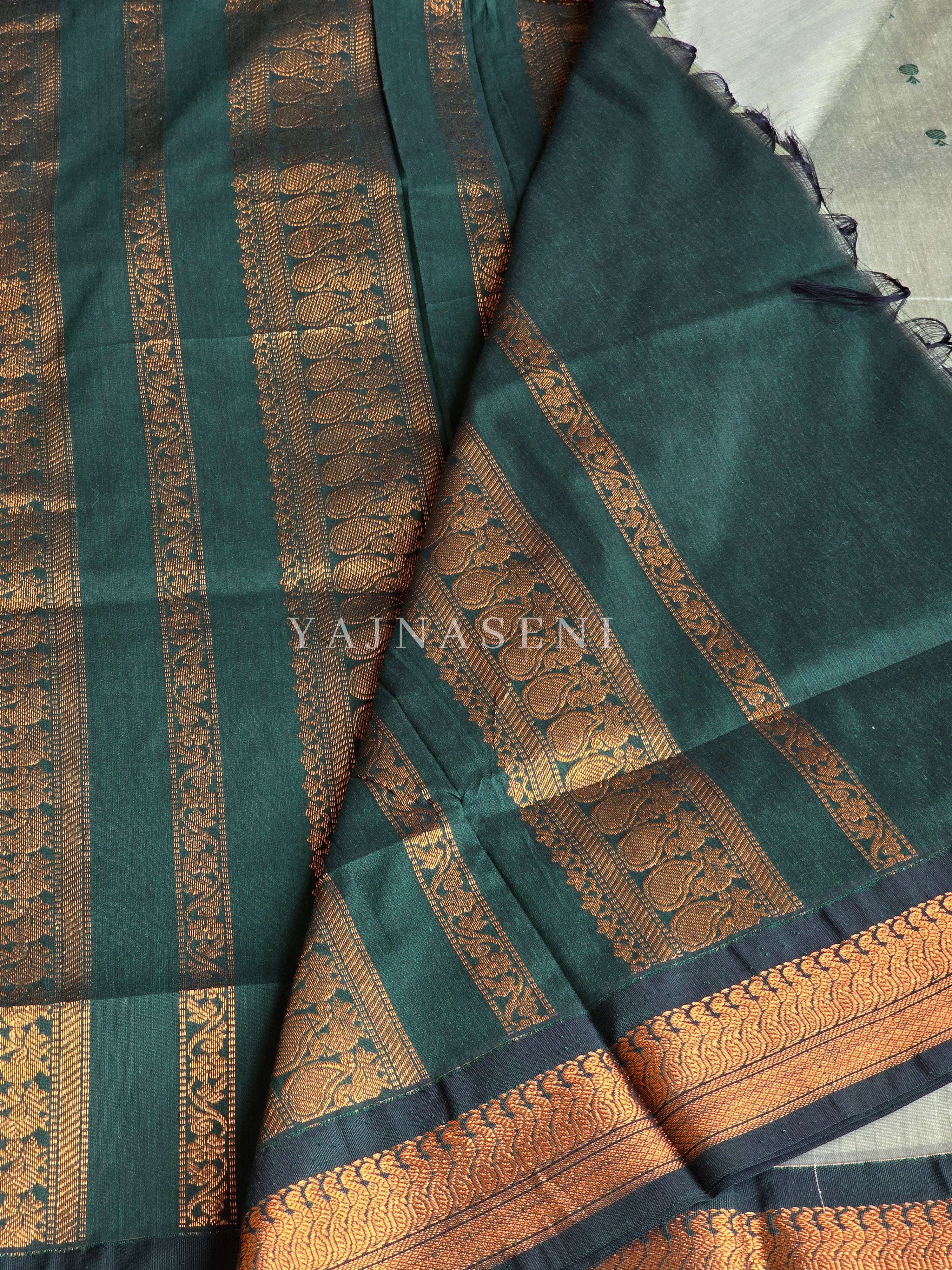 Kalyani Cotton Saree - Copper Zari : Sage x Dark Green