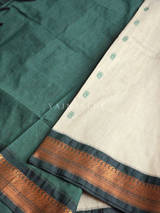 Kalyani Cotton Saree - Copper Zari : Sage x Dark Green