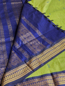 Kalyani Cotton Saree - Gold Zari : Lime Green x Blue x Dark Blue