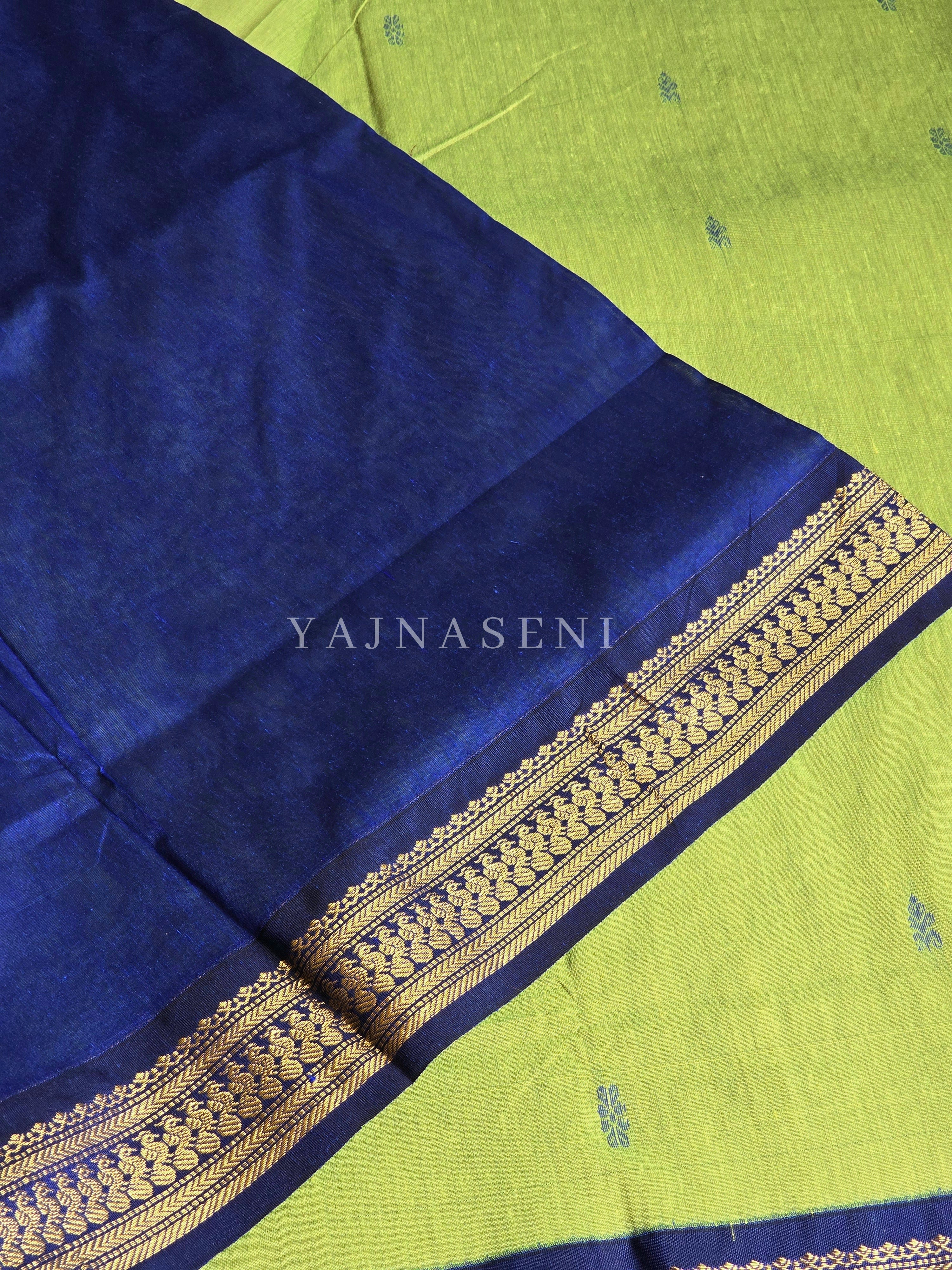 Kalyani Cotton Saree - Gold Zari : Lime Green x Blue x Dark Blue