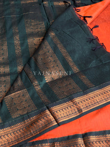 Kalyani Cotton Saree - Copper Zari : Orange x Dark Green