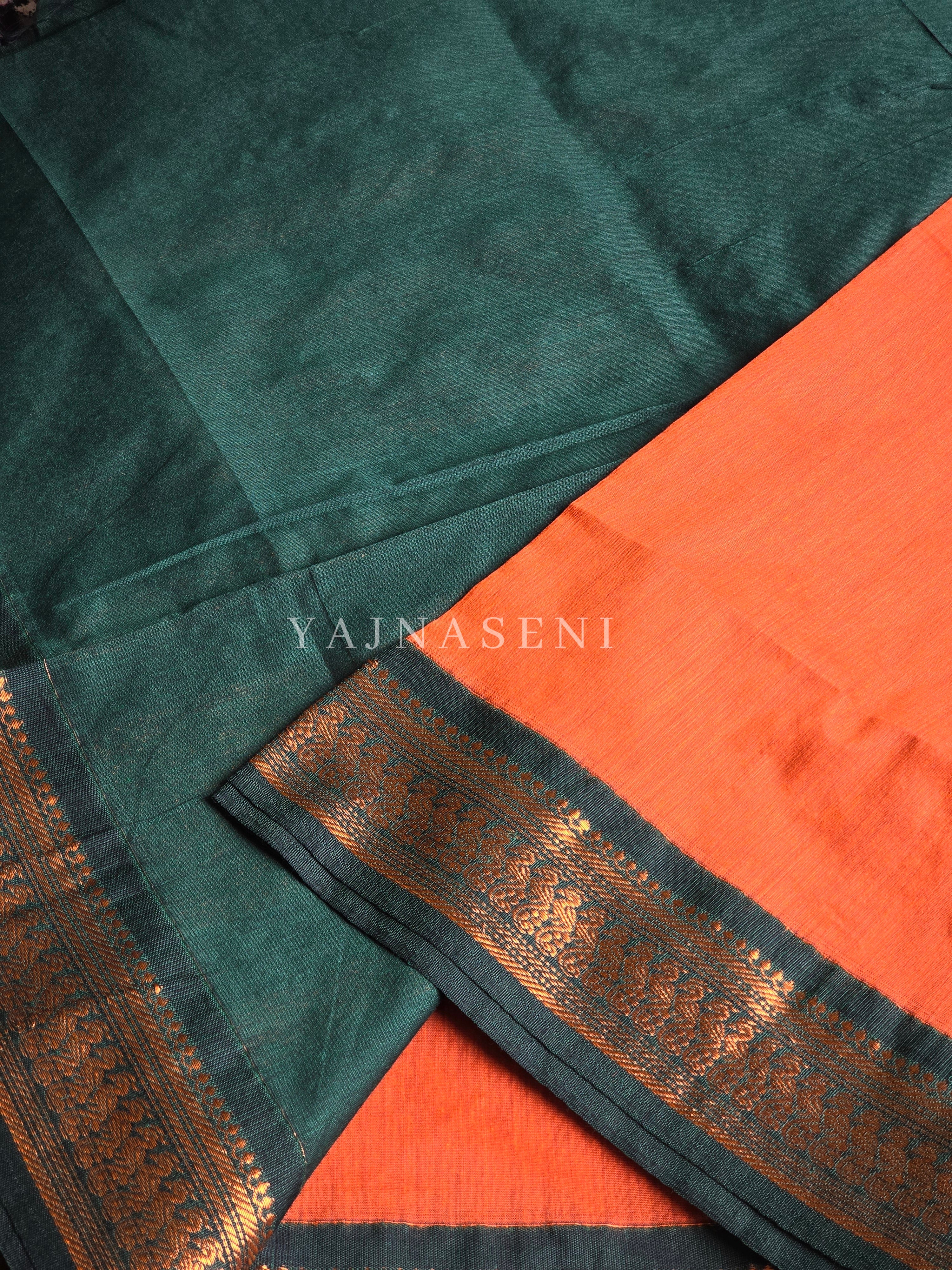 Kalyani Cotton Saree - Copper Zari : Orange x Dark Green