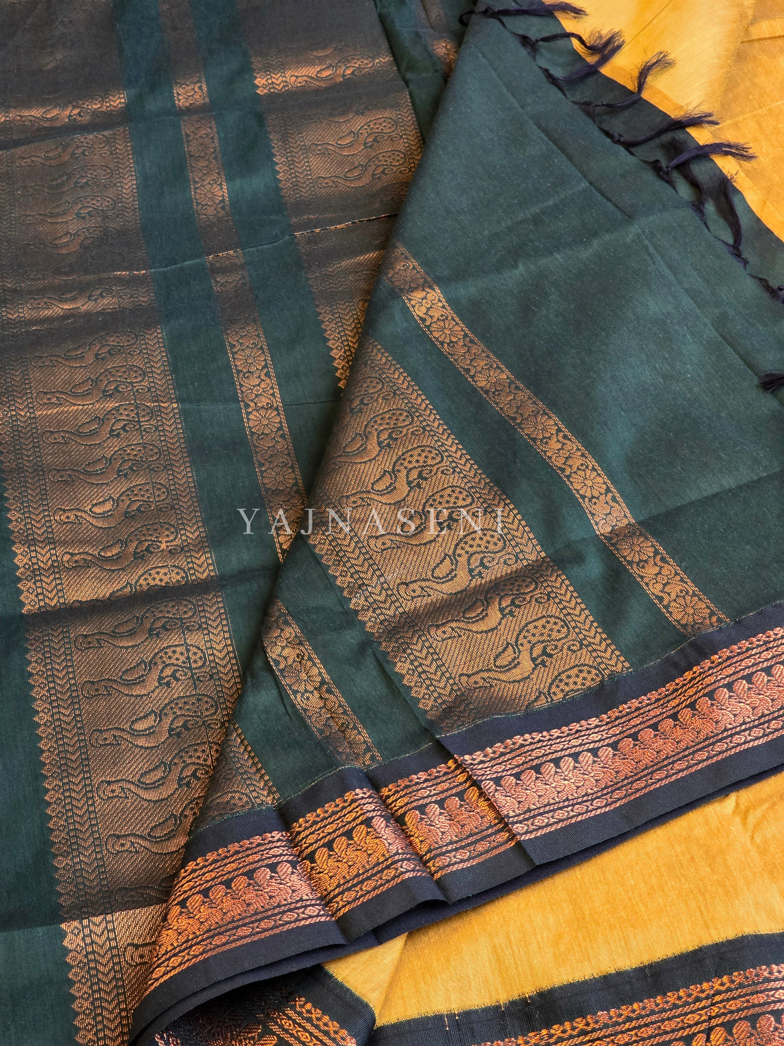 Kalyani Cotton Saree - Copper Zari : Mustard x Dark Green