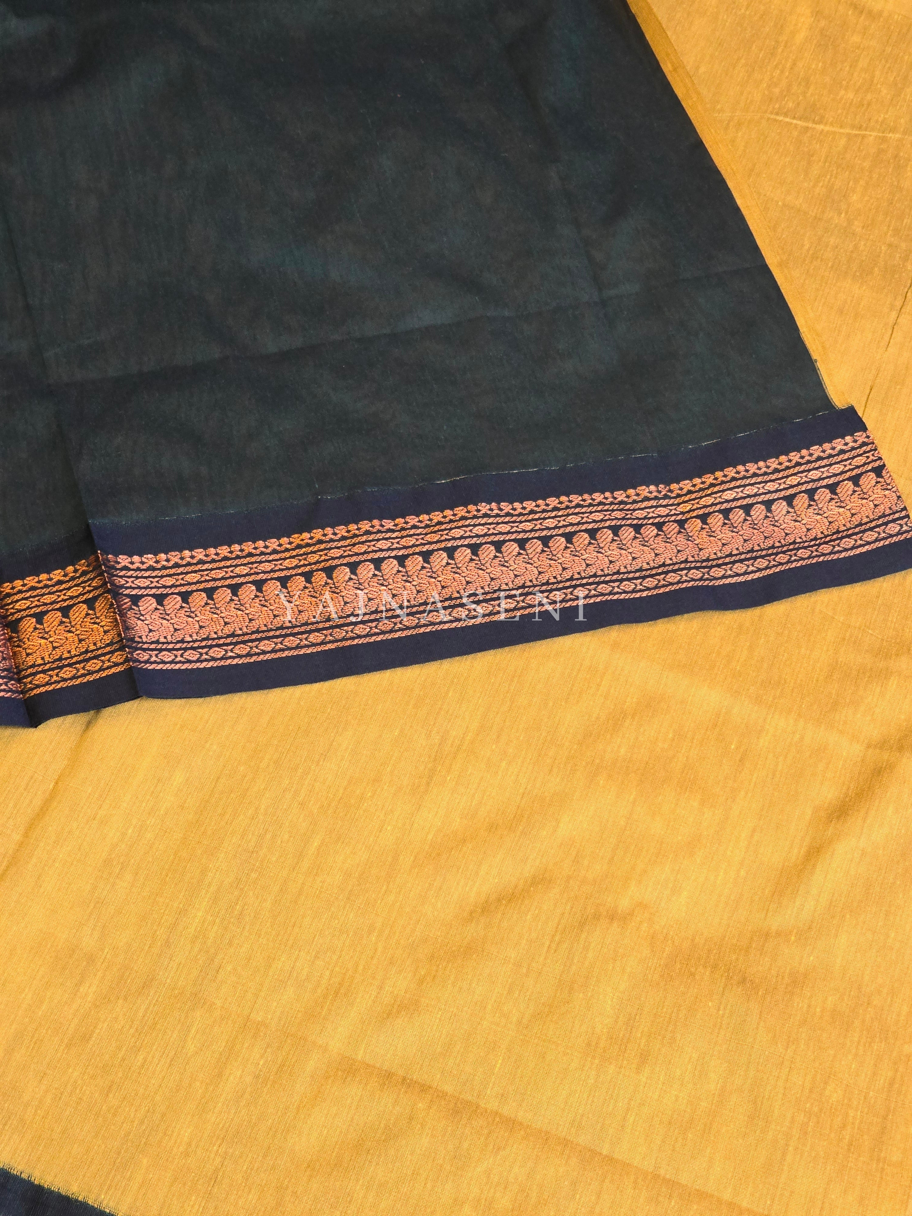 Kalyani Cotton Saree - Copper Zari : Mustard x Dark Green