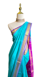 Load image into Gallery viewer, Kanchipuram Silk Cotton Saree : Turquoise x Royal purple
