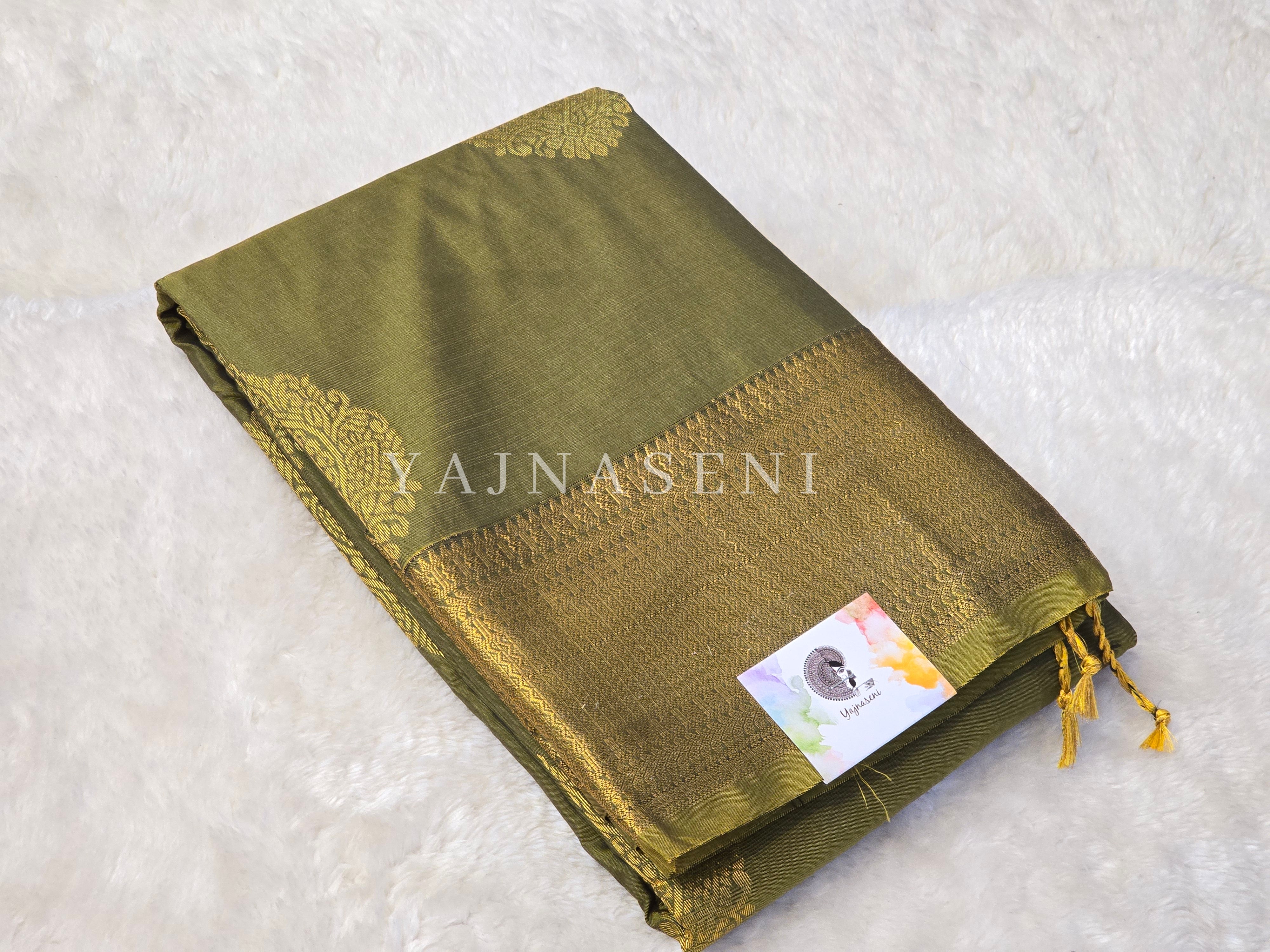 Semi Kanchi Silk x Gold Zari Saree - Olive