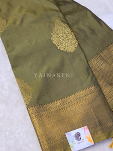 Semi Kanchi Silk x Gold Zari Saree - Olive