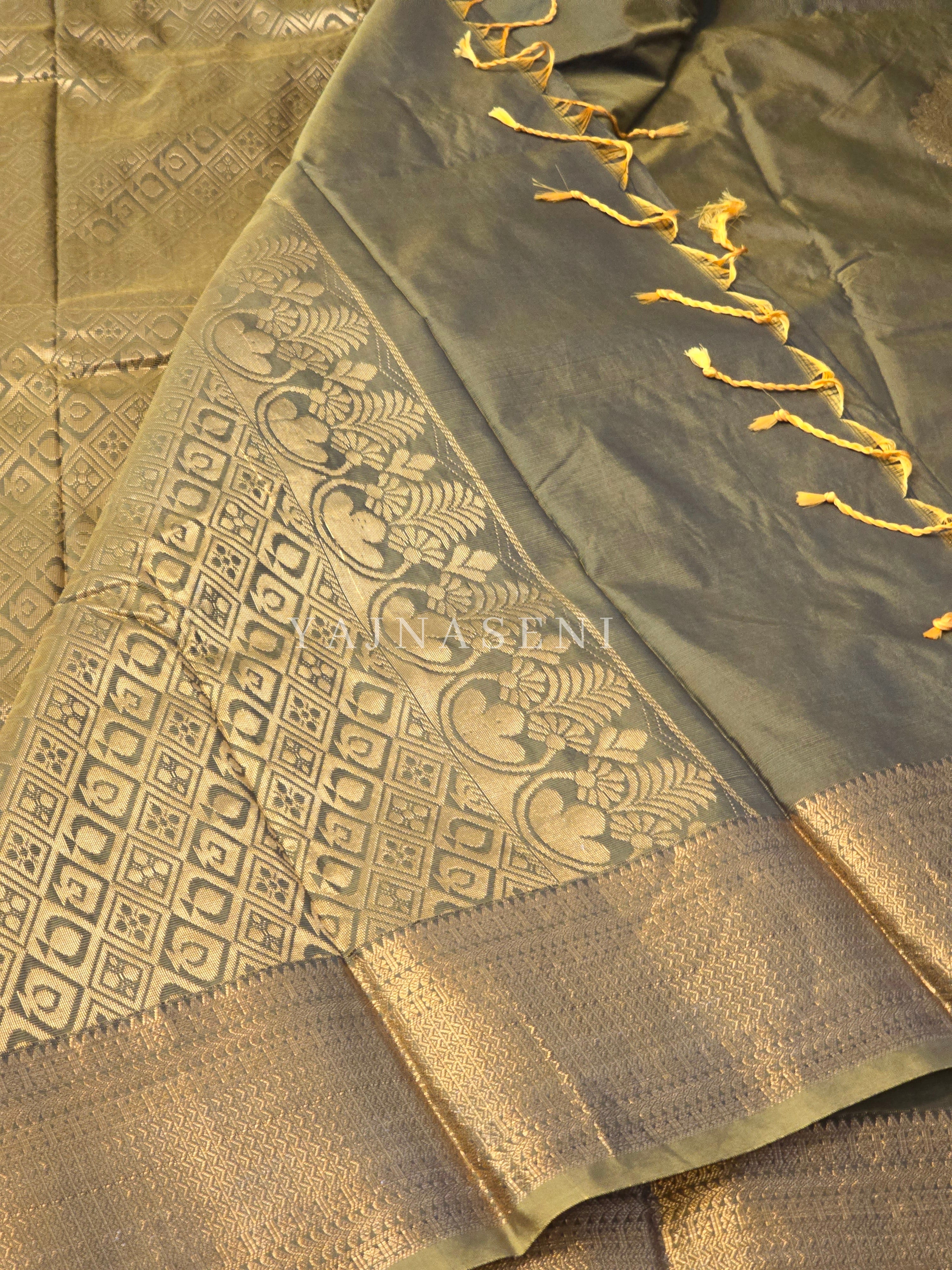 Semi Kanchi Silk x Gold Zari Saree - Olive