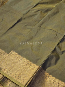 Semi Kanchi Silk x Gold Zari Saree - Olive