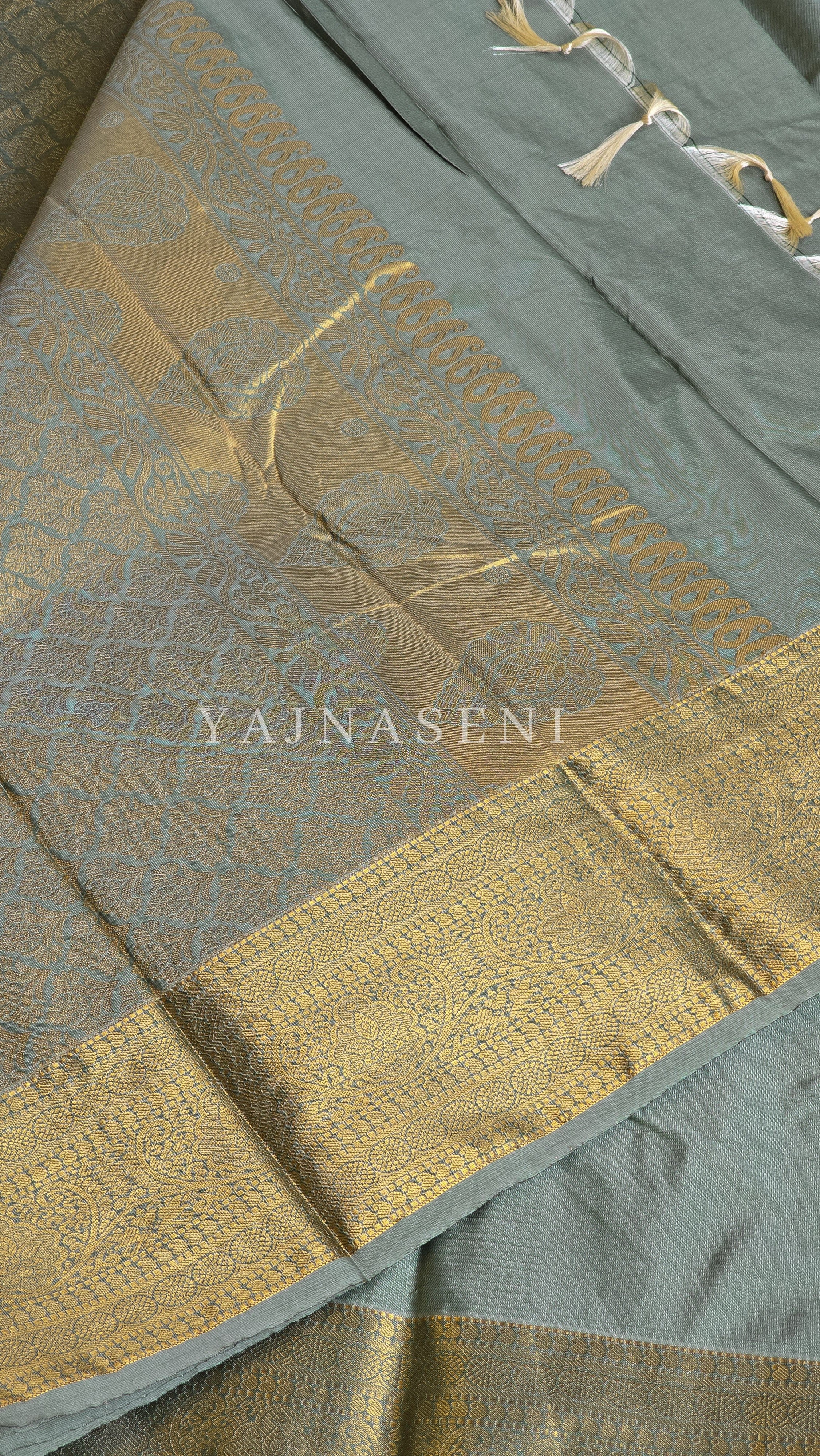 Semi Soft Silk Gold Zari Saree - Sage