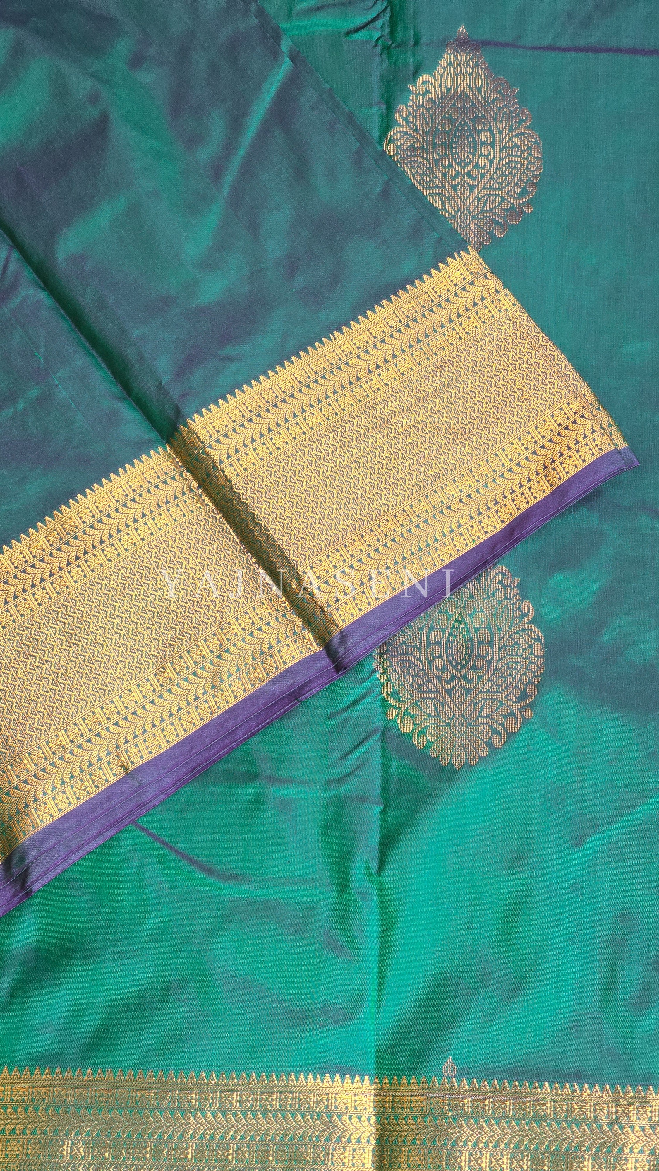 Semi Kanchi Silk x Gold Zari Saree - Teal Green