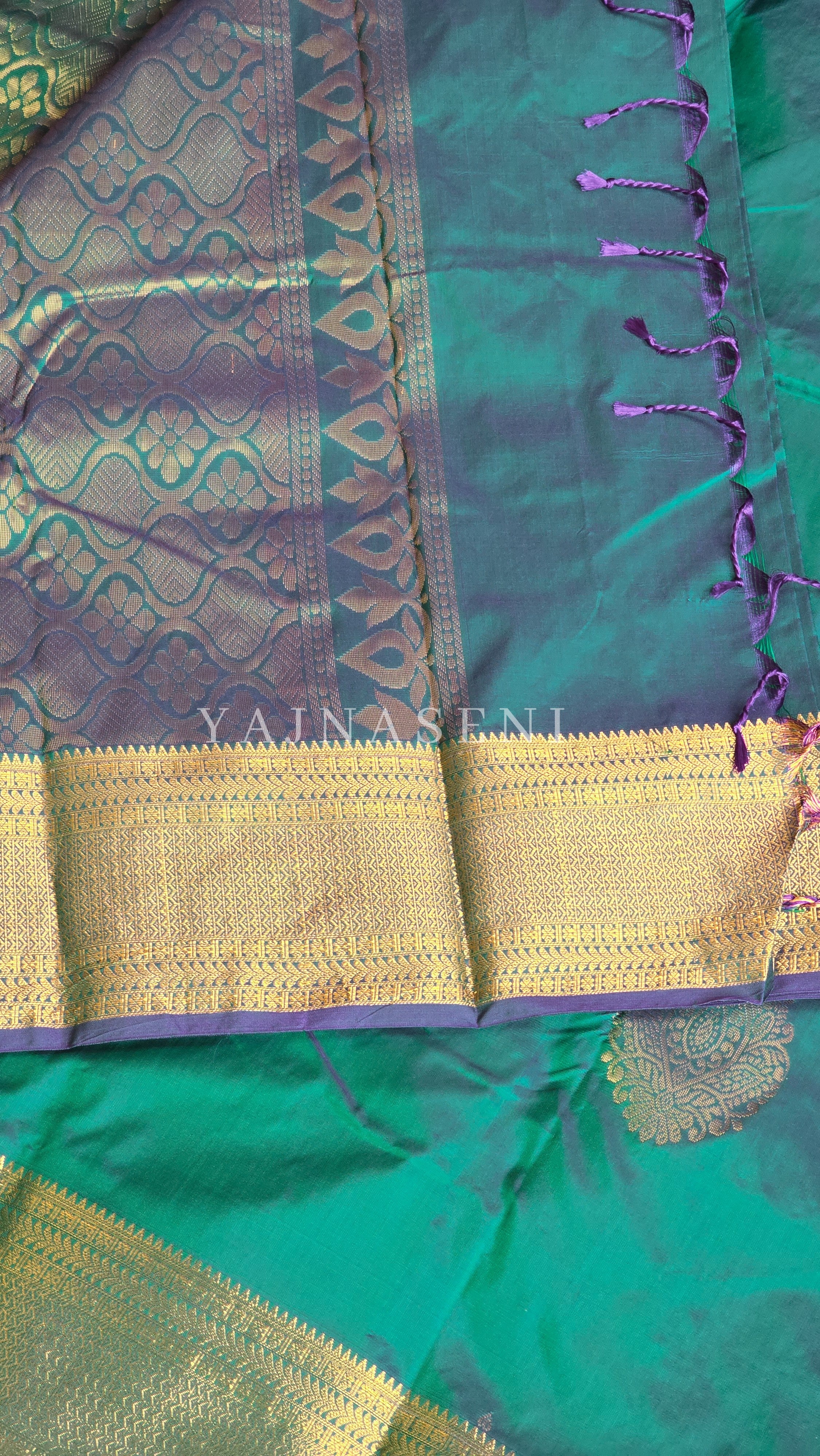 Semi Kanchi Silk x Gold Zari Saree - Teal Green