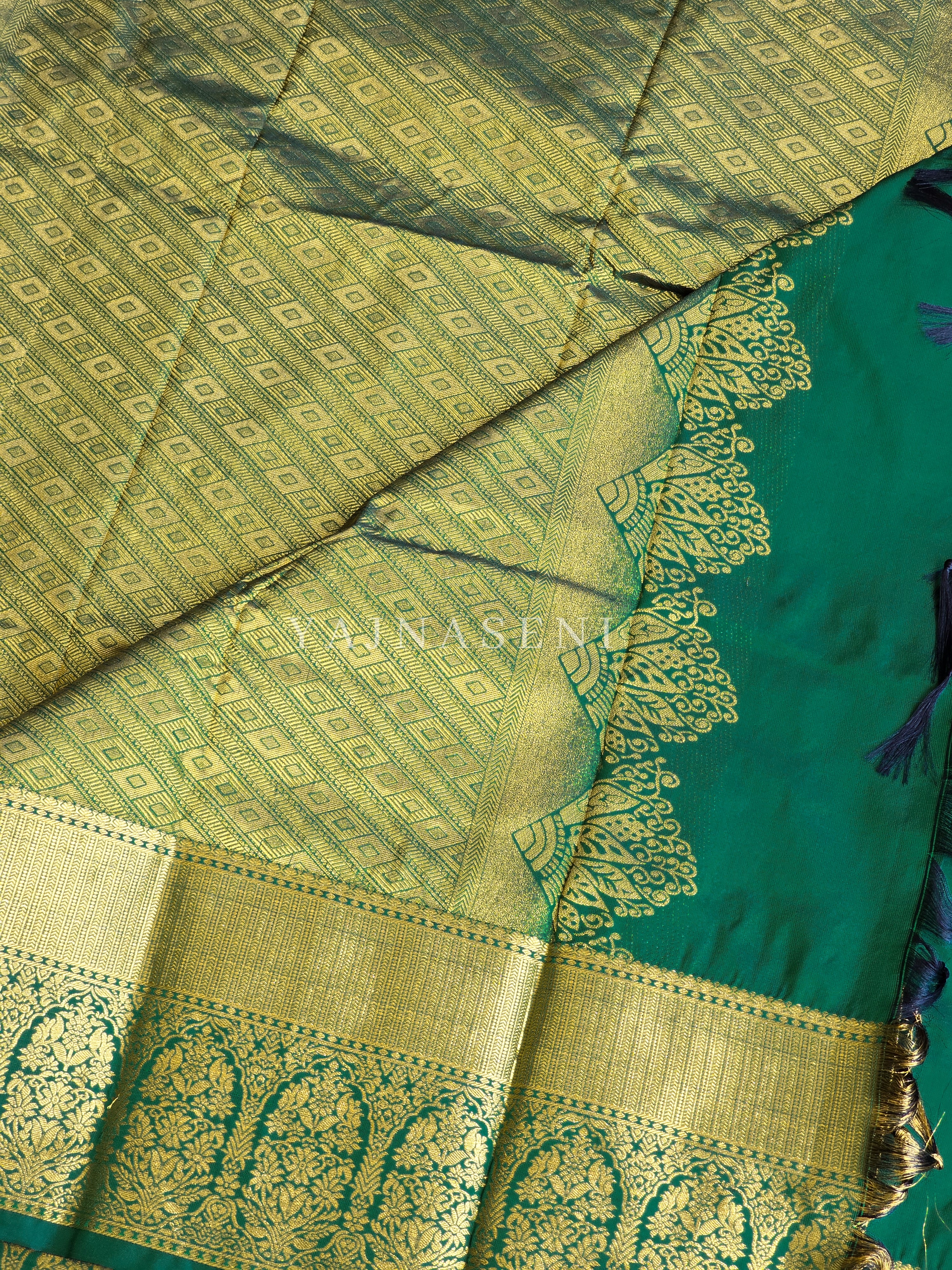 Monochrome Series : Semi Kanchi Silk Saree - Bottle Green