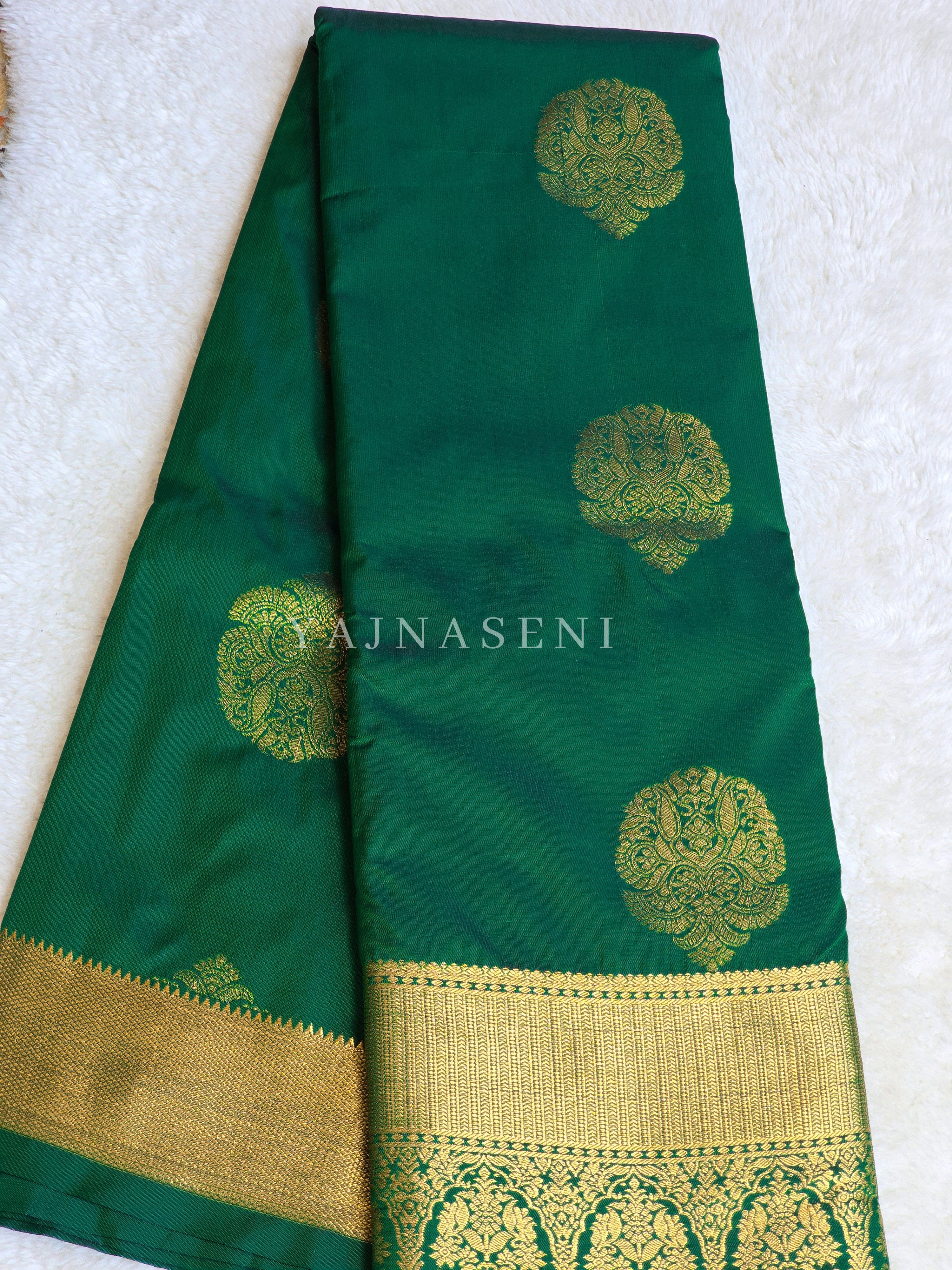 Monochrome Series : Semi Kanchi Silk Saree - Bottle Green