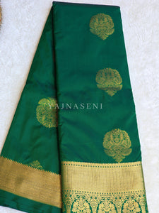 Monochrome Series : Semi Kanchi Silk Saree - Bottle Green