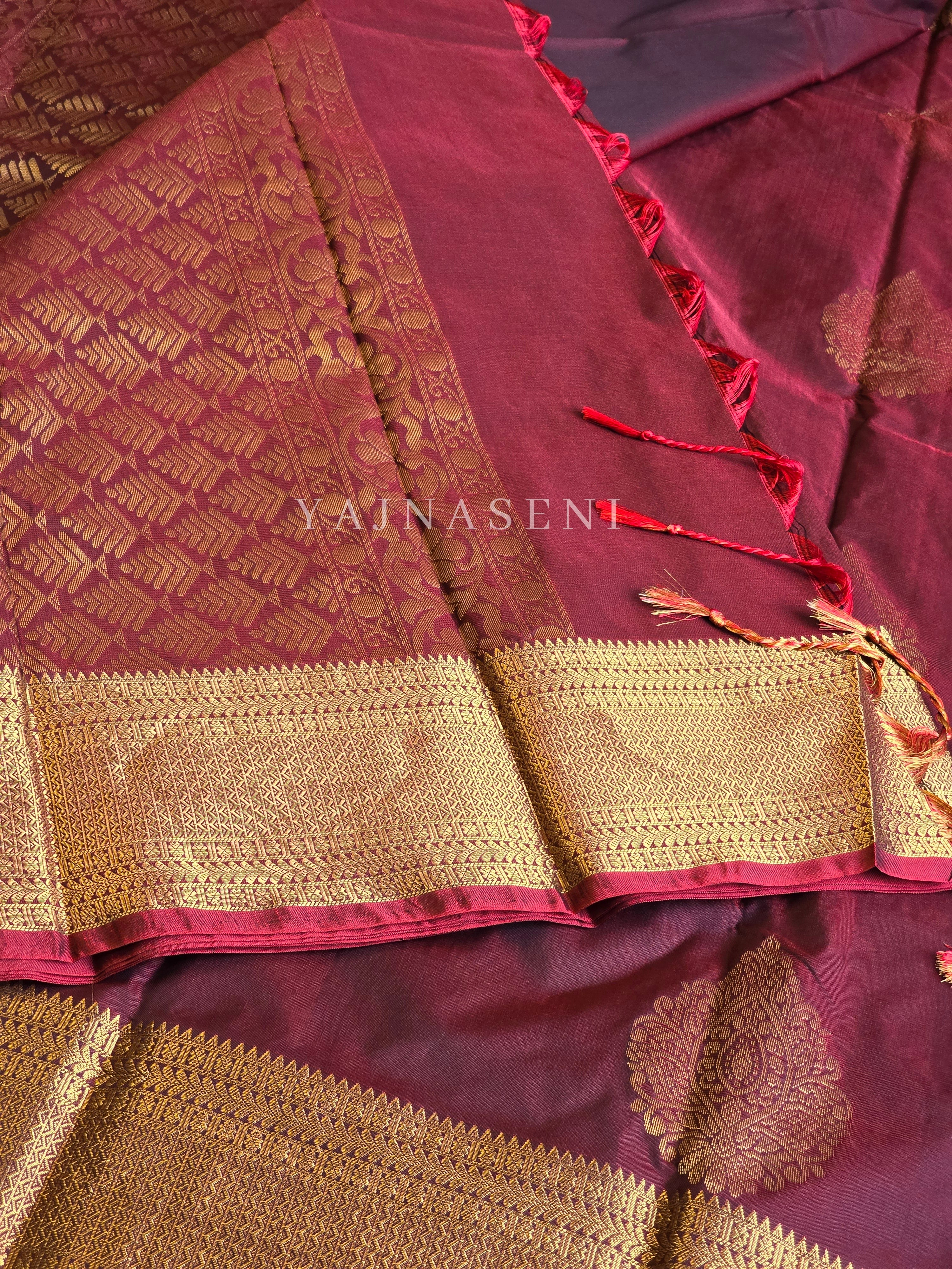 Semi Kanchi Silk x Gold Zari Saree - Maroon