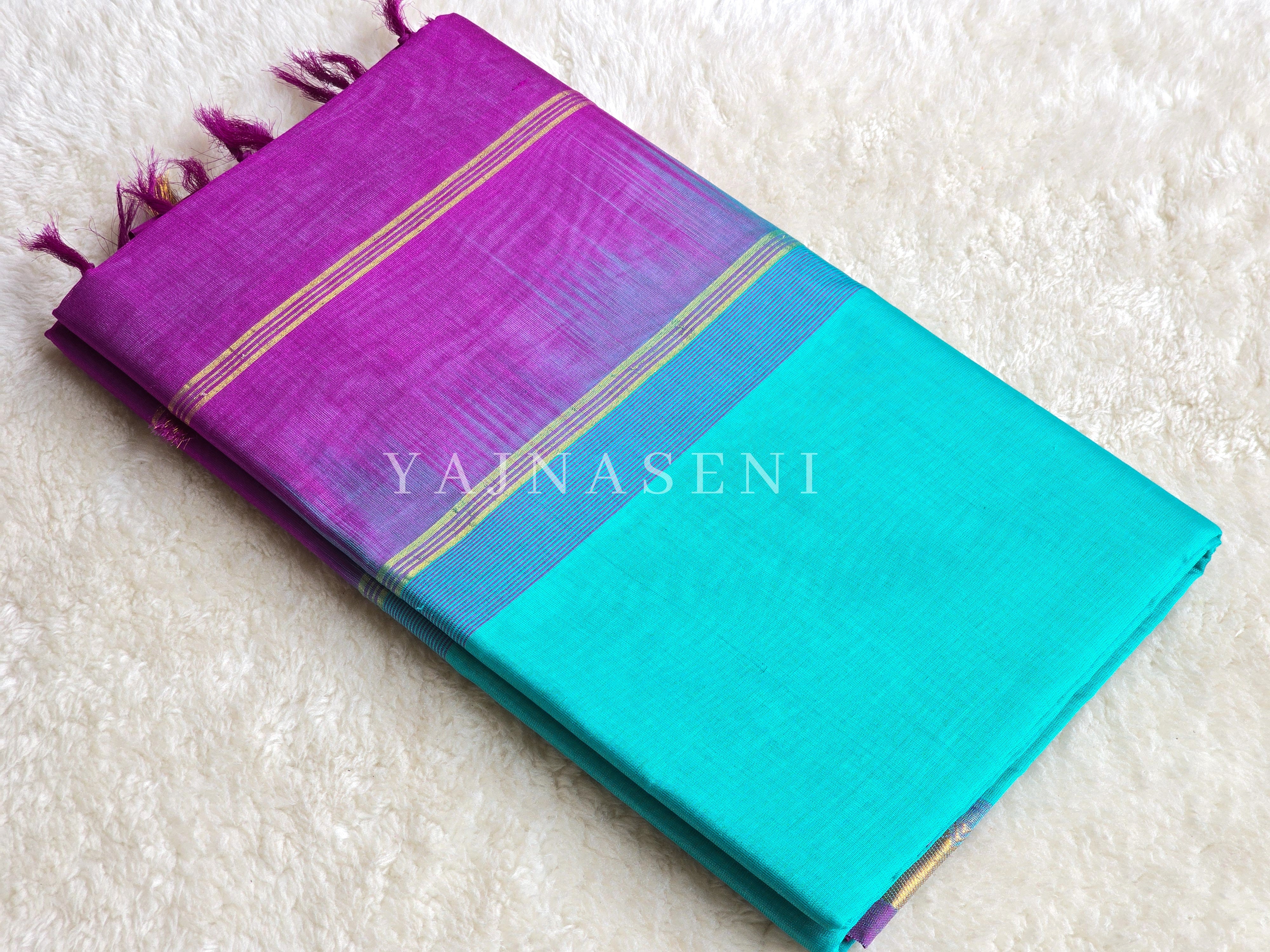 Kanchipuram Silk Cotton Saree : Turquoise x Royal purple