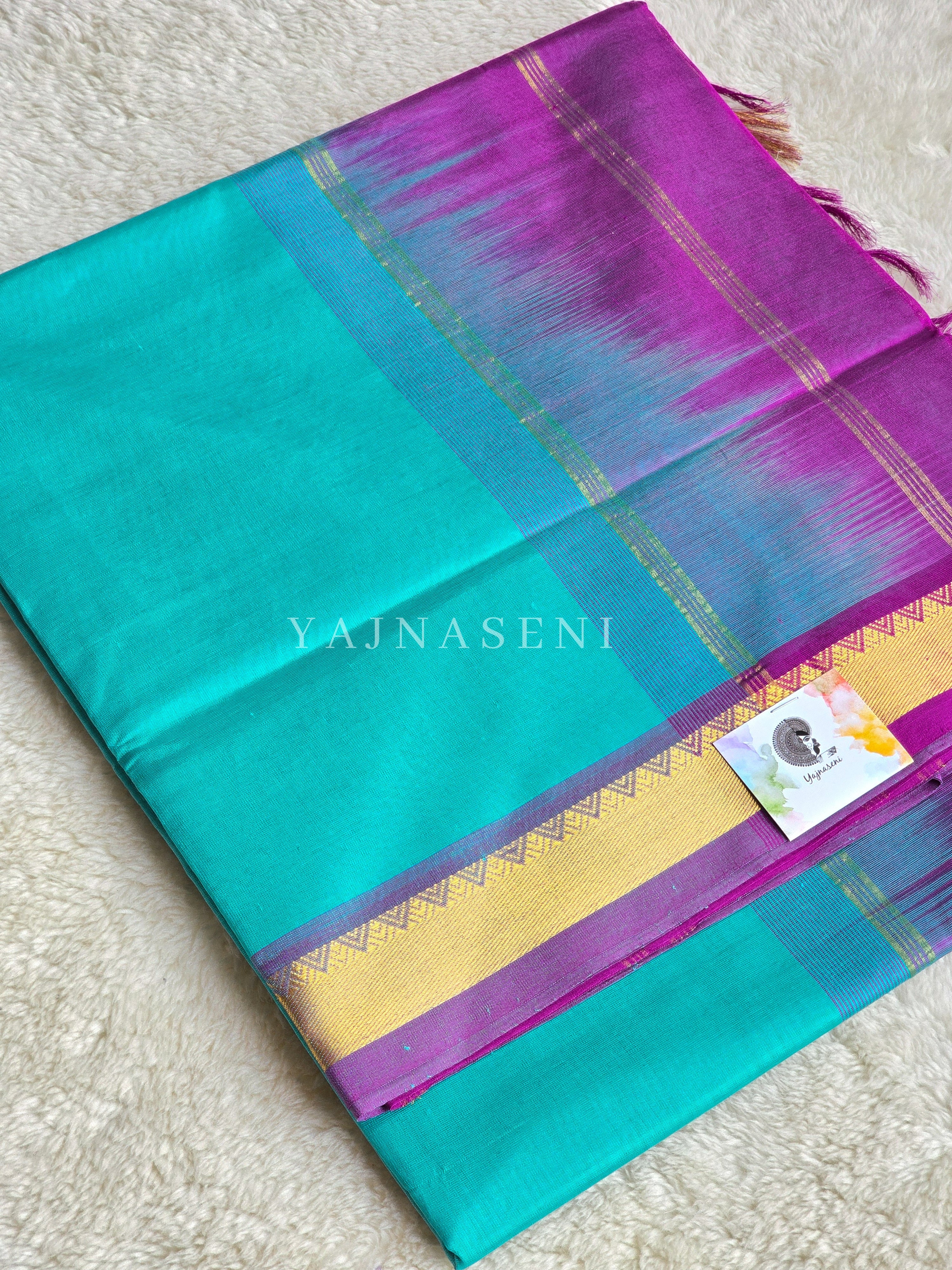 Kanchipuram Silk Cotton Saree : Turquoise x Royal purple