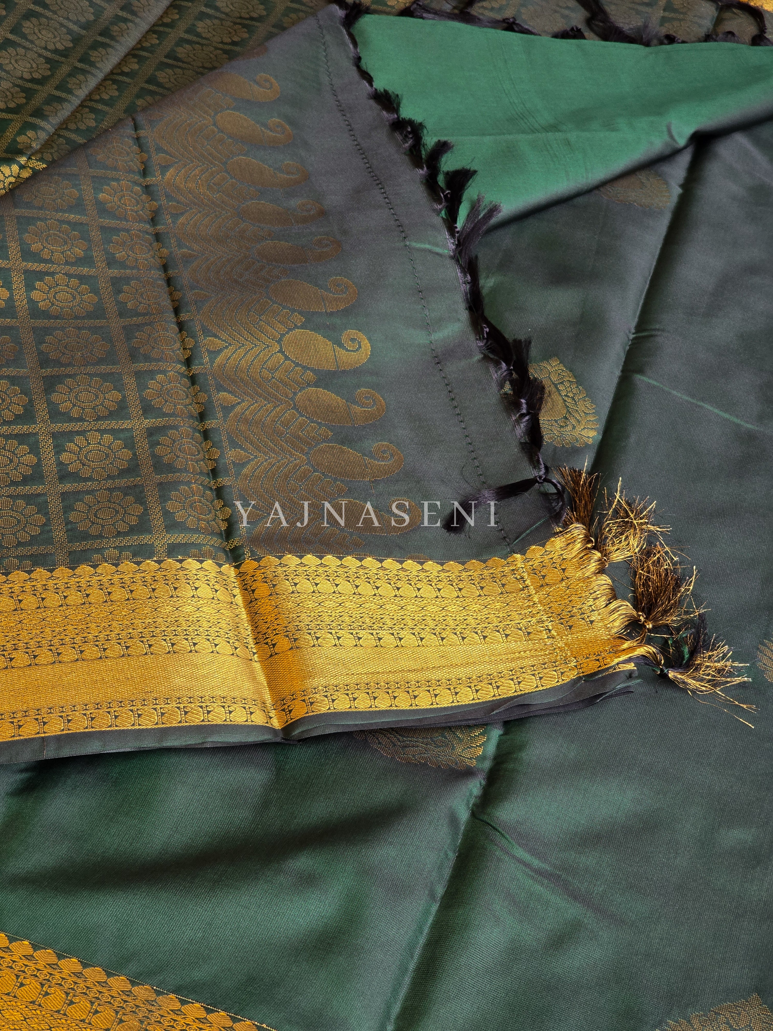 Soft Silk x Gold Zari Saree - Deep Green