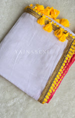 Load image into Gallery viewer, Mulmul Cotton x PomPom Saree : White x Yellow
