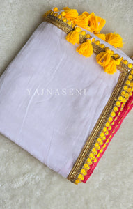 Mulmul Cotton x PomPom Saree : White x Yellow