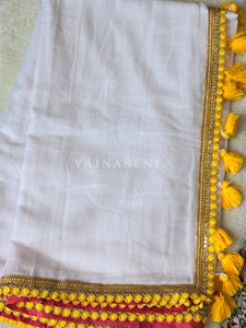 Mulmul Cotton x PomPom Saree : White x Yellow