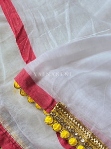 Mulmul Cotton x PomPom Saree : White x Yellow