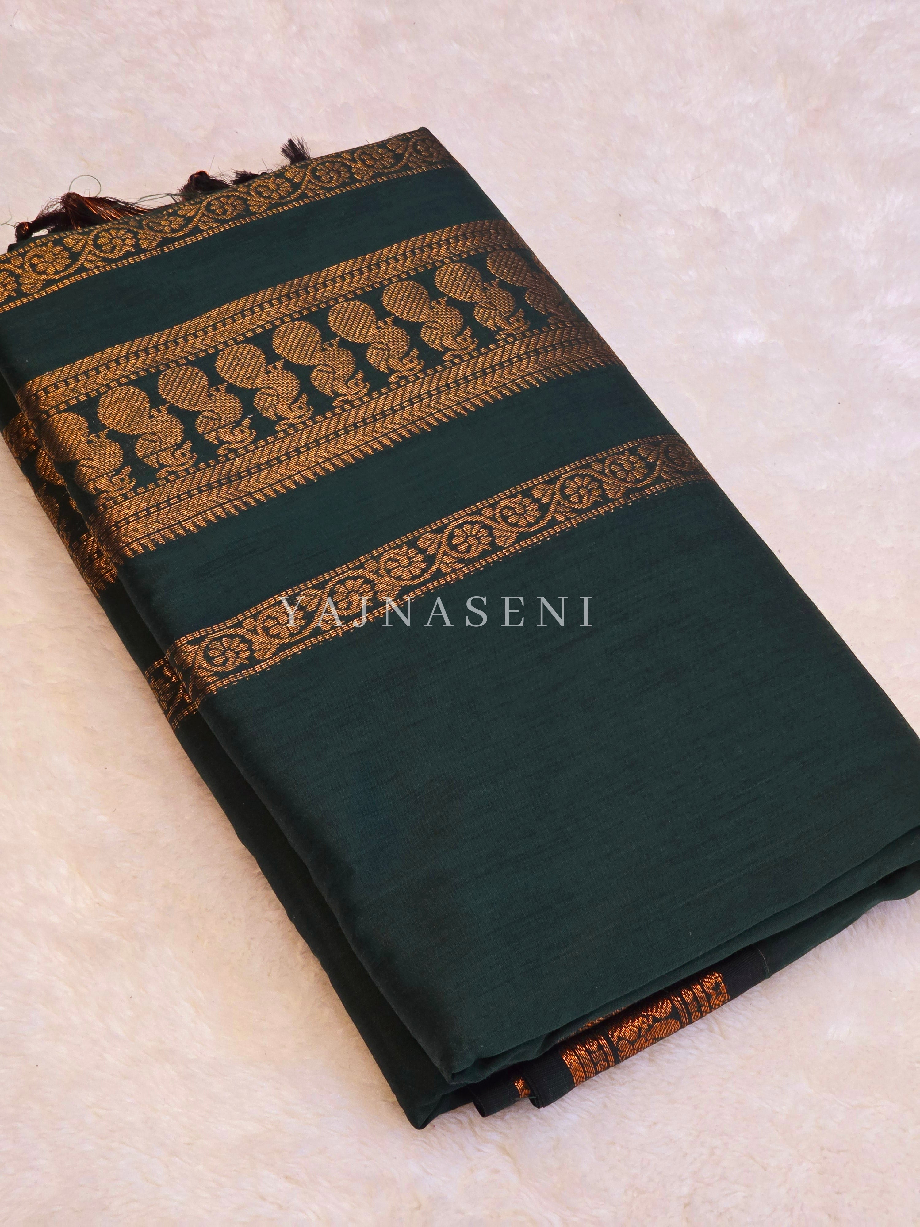 Kalyani Cotton Saree - Copper Zari : Deep Green