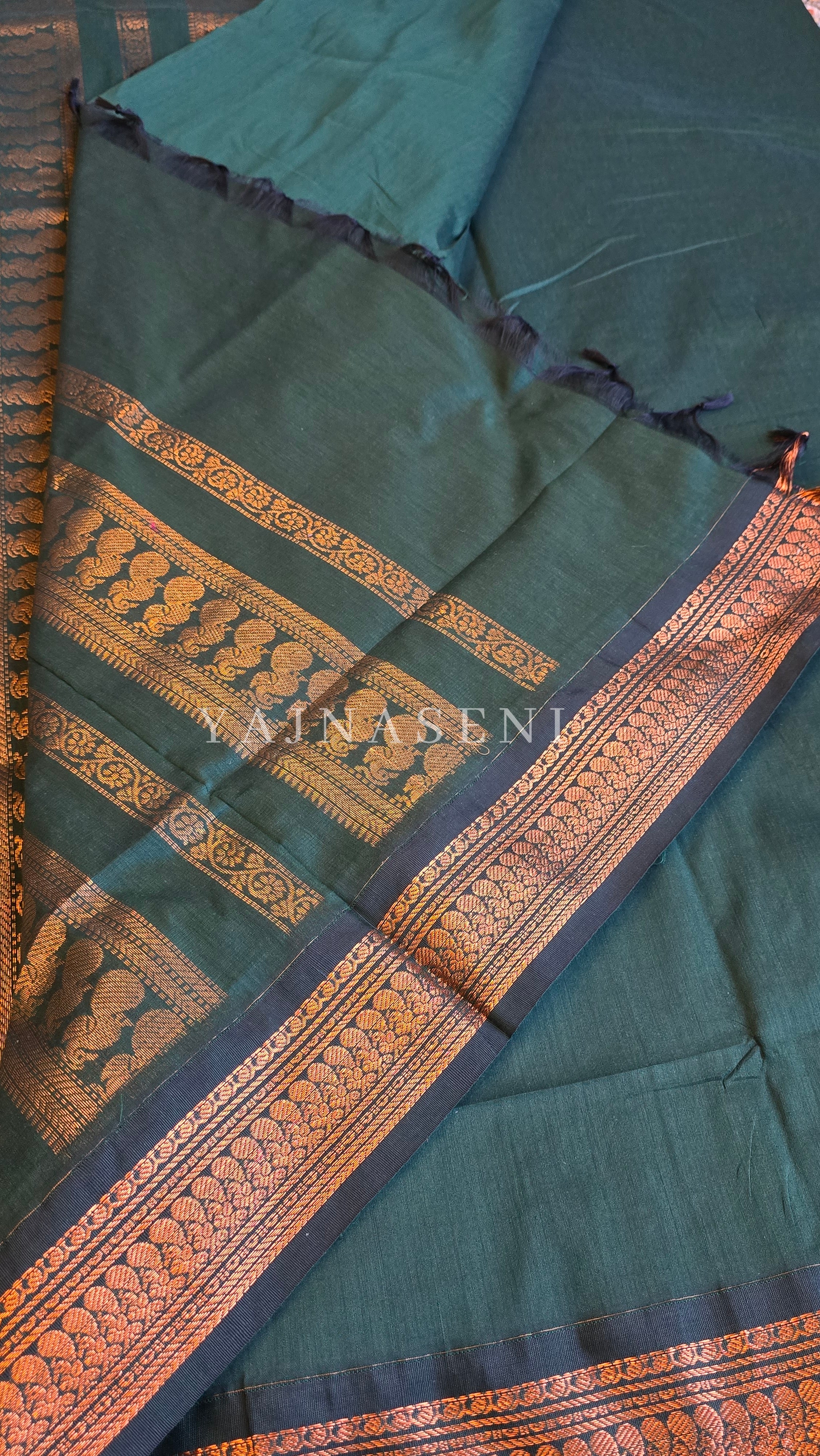 Kalyani Cotton Saree - Copper Zari : Deep Green