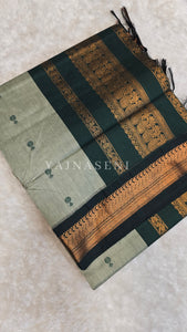 Kalyani Cotton Saree - Copper Zari : Sage x Dark Green