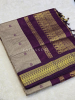 Load image into Gallery viewer, Kalyani Cotton Saree - Gold Zari : Ashbrown x Plum
