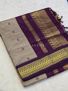 Kalyani Cotton Saree - Gold Zari : Ashbrown x Plum