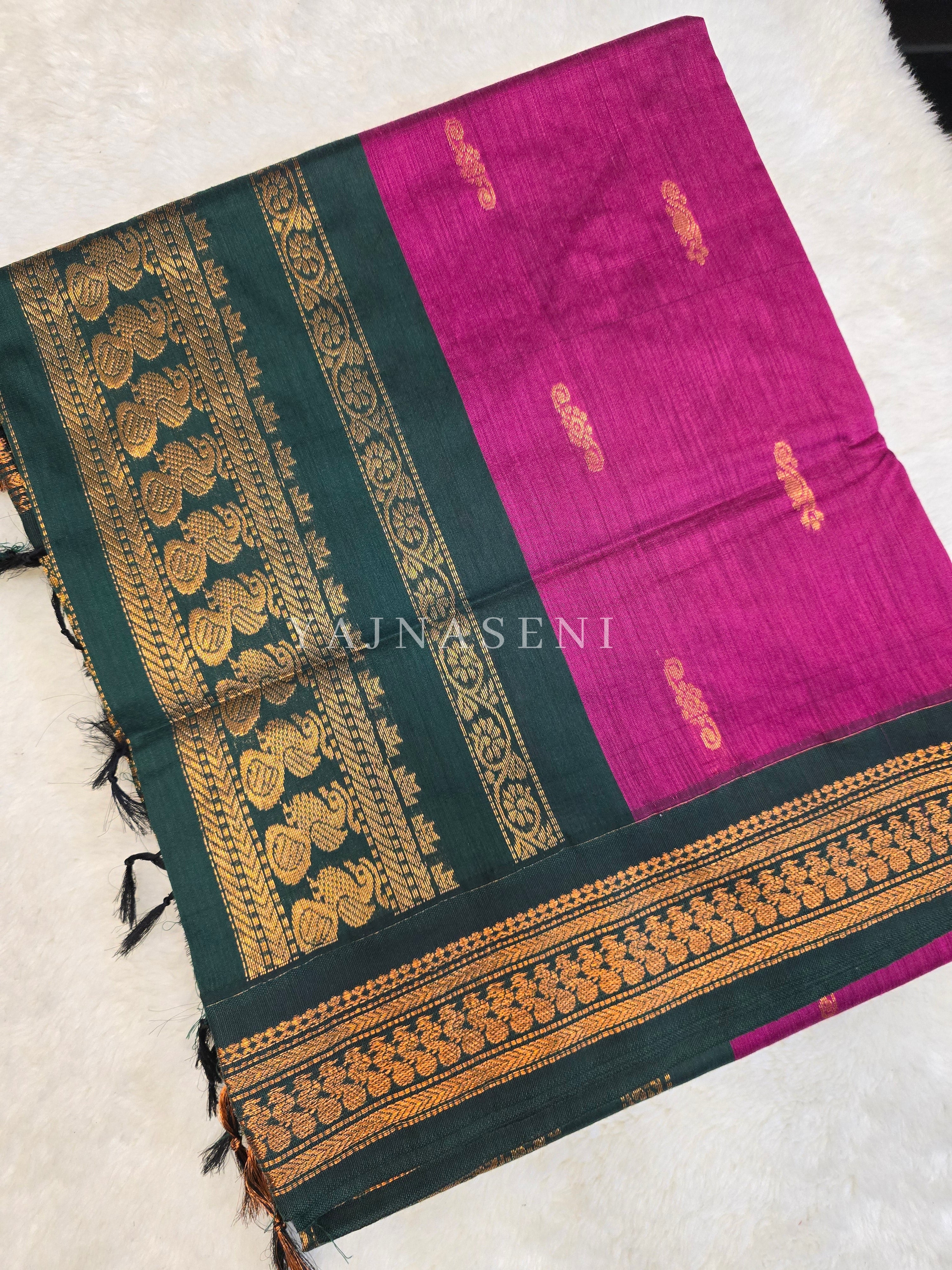 Kalyani Cotton Saree - Copper Zari : Magenta x Dark Green