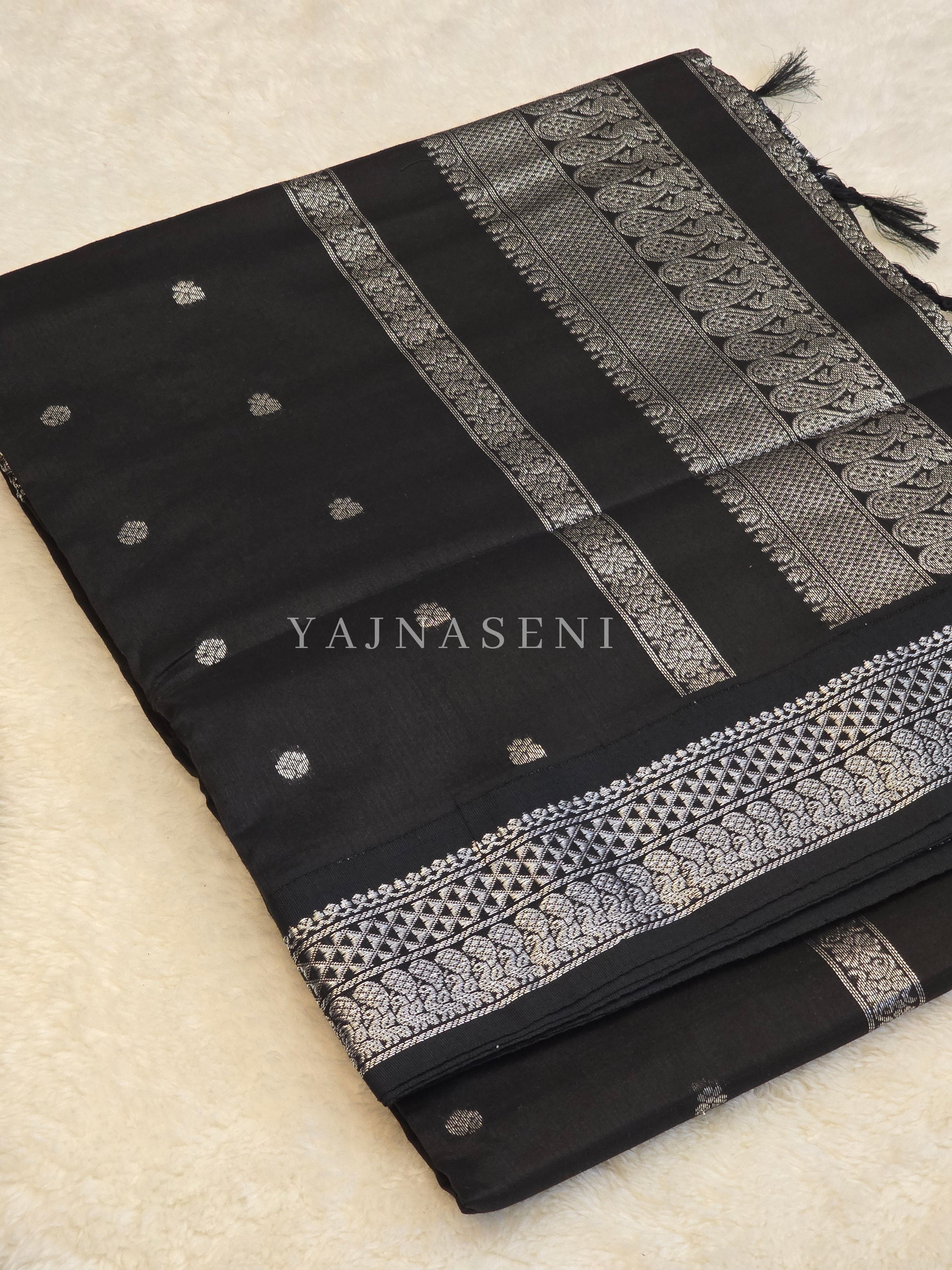 Kalyani Cotton Saree - Silver Zari : Black