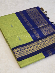 Kalyani Cotton Saree - Gold Zari : Lime Green x Blue x Dark Blue