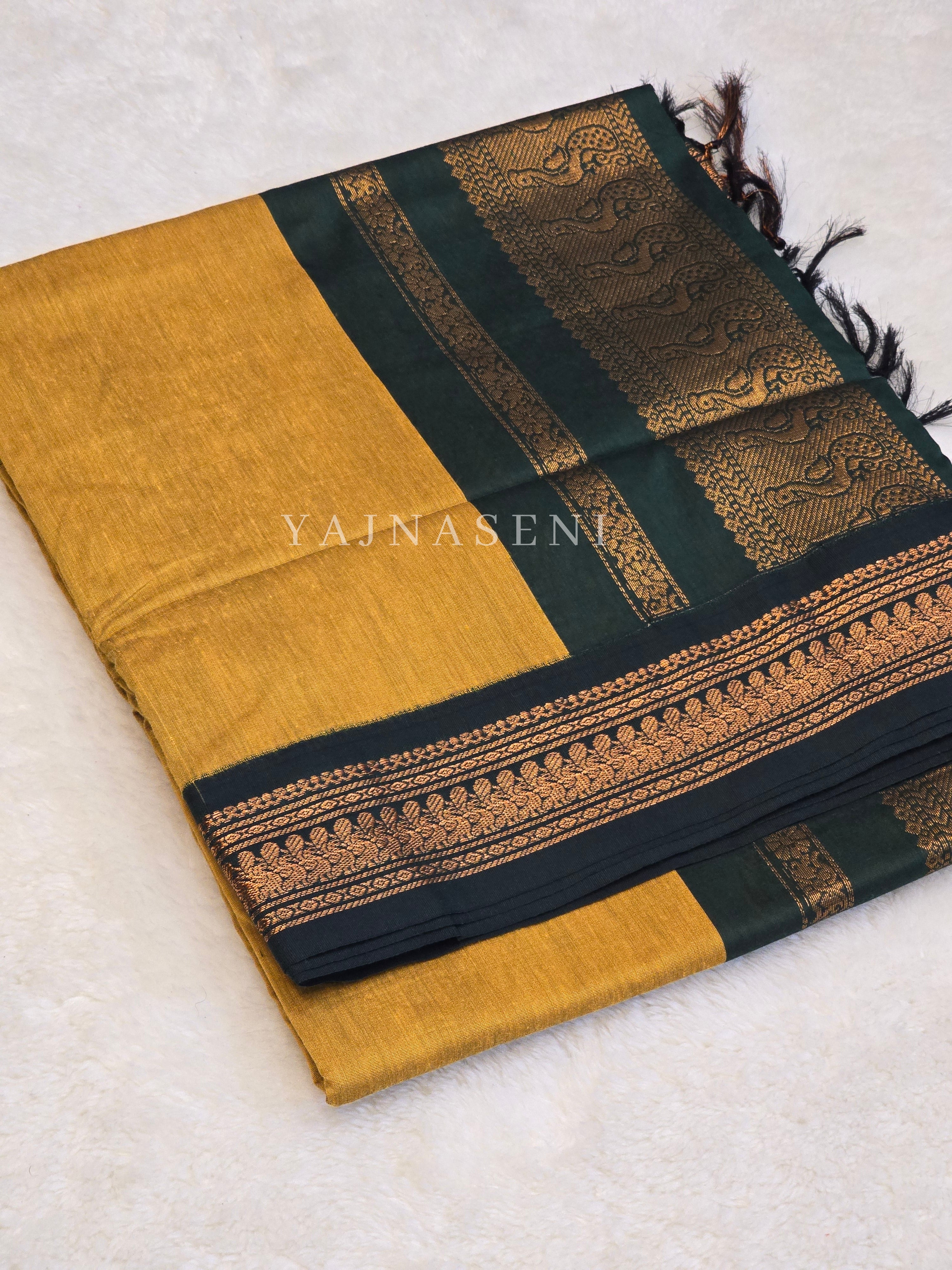 Kalyani Cotton Saree - Copper Zari : Mustard x Dark Green