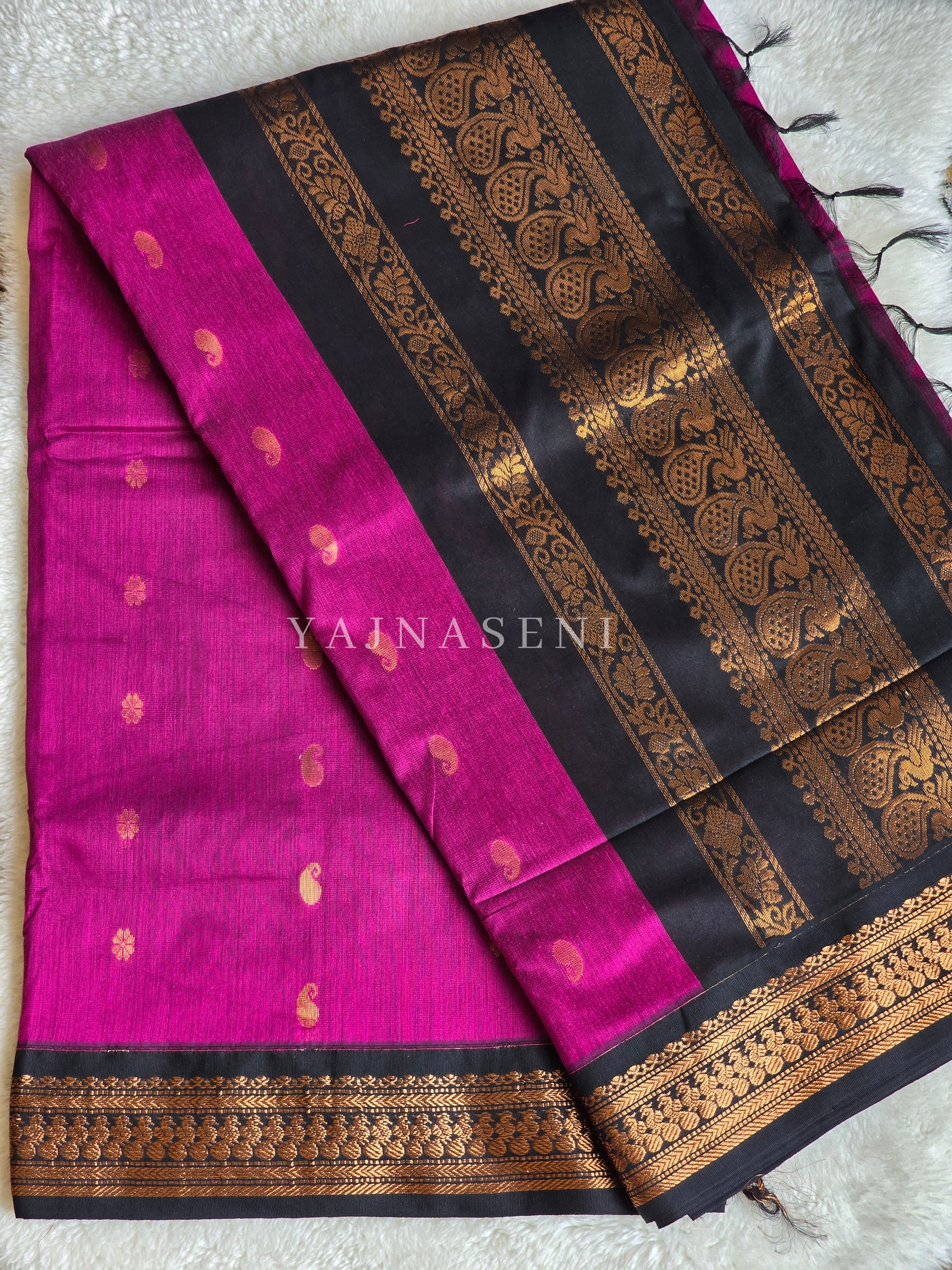 Kalyani Cotton Saree - Copper Zari : Magenta x Black