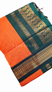 Kalyani Cotton Saree - Copper Zari : Orange x Dark Green