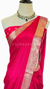 Georgette Sequins Saree x Champagne Gold border : Pink