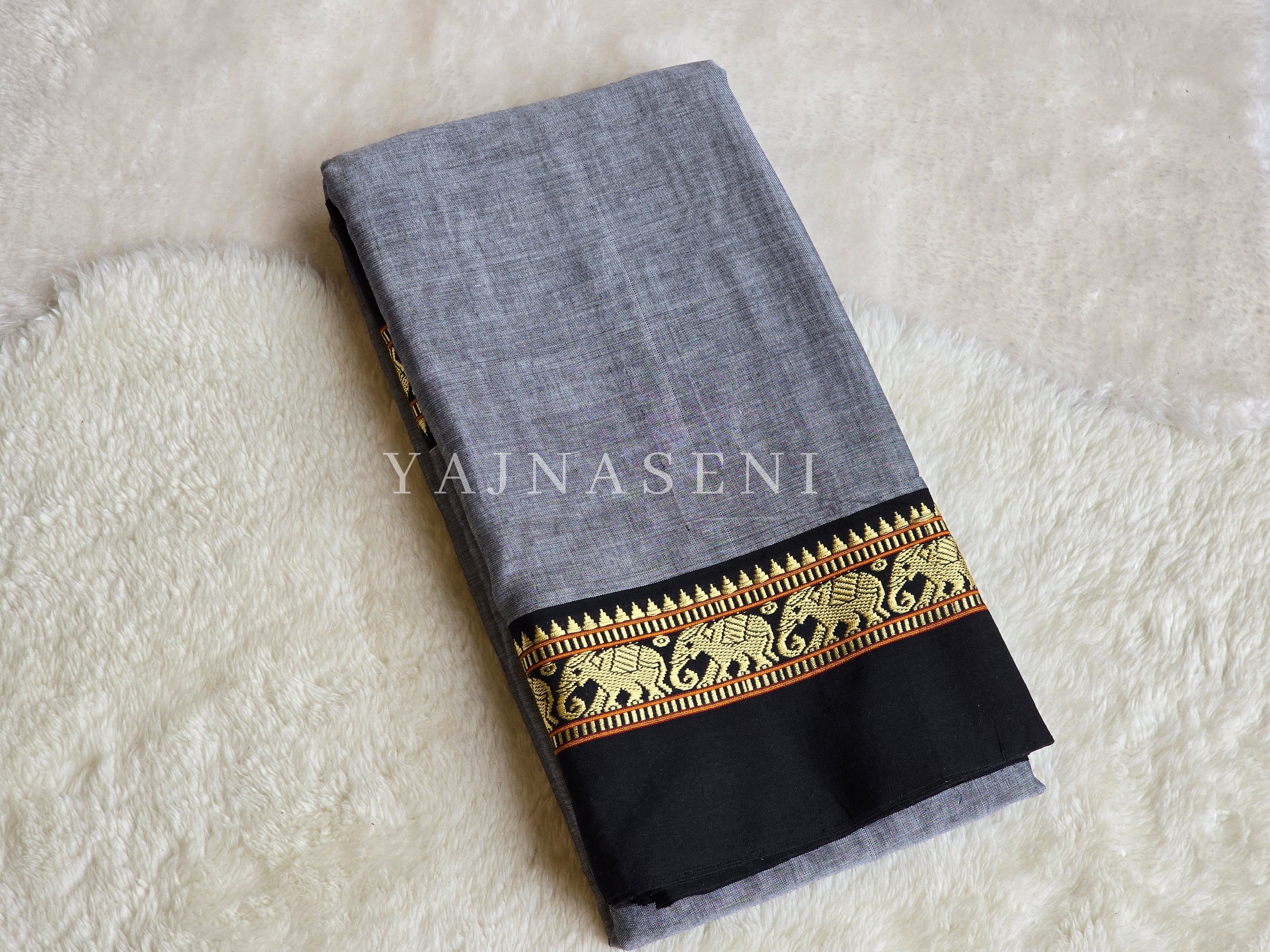 Narayanpet Mercerised Cotton Saree : Grey x Black