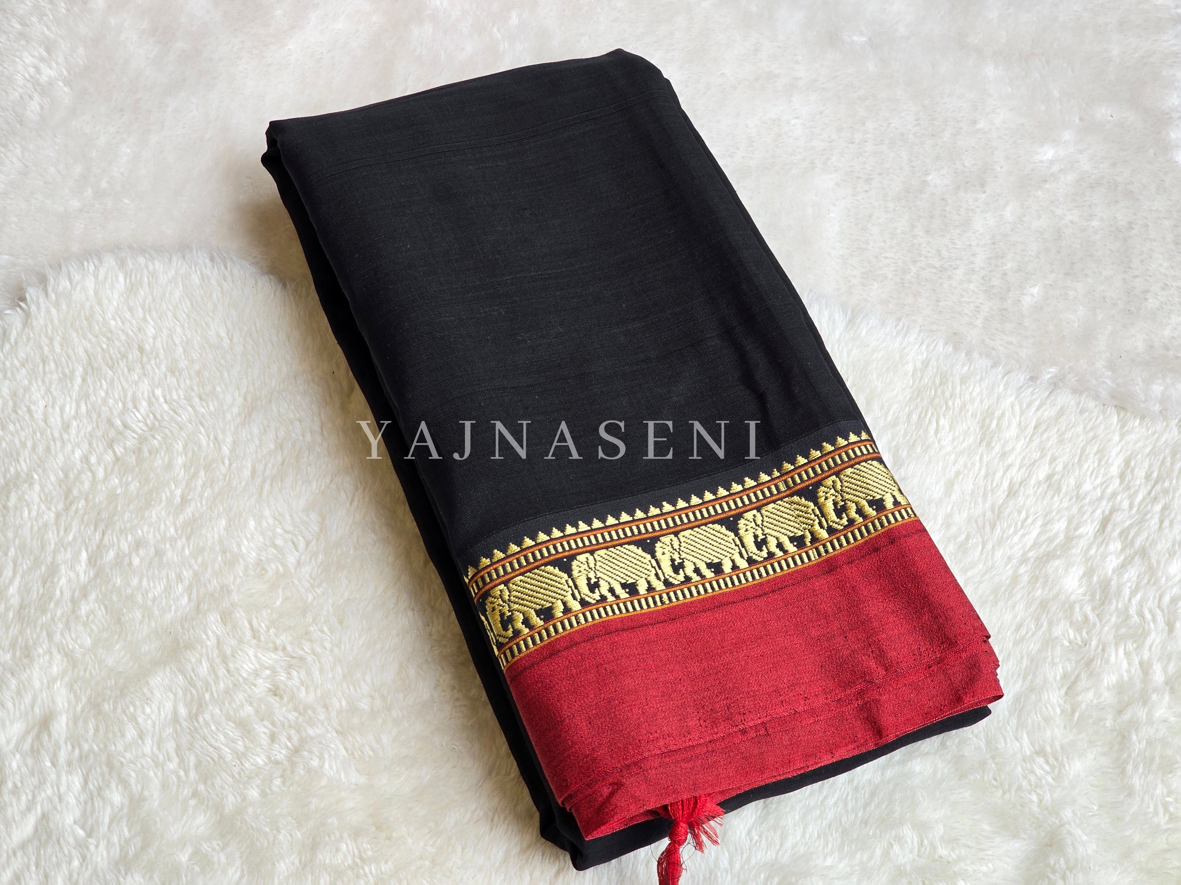 Narayanpet Mercerised Cotton Saree : Black x Red